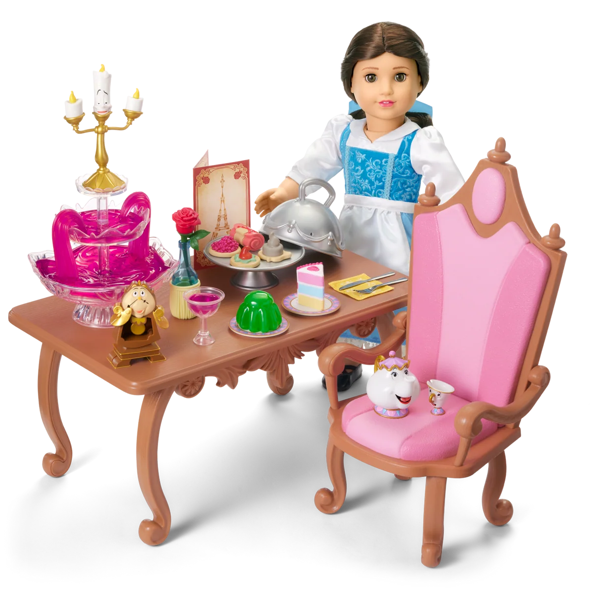 Disney Princess Belle Enchanted Castle Dining Set, Blue Dress & Friends Bundle for 18-inch Dolls