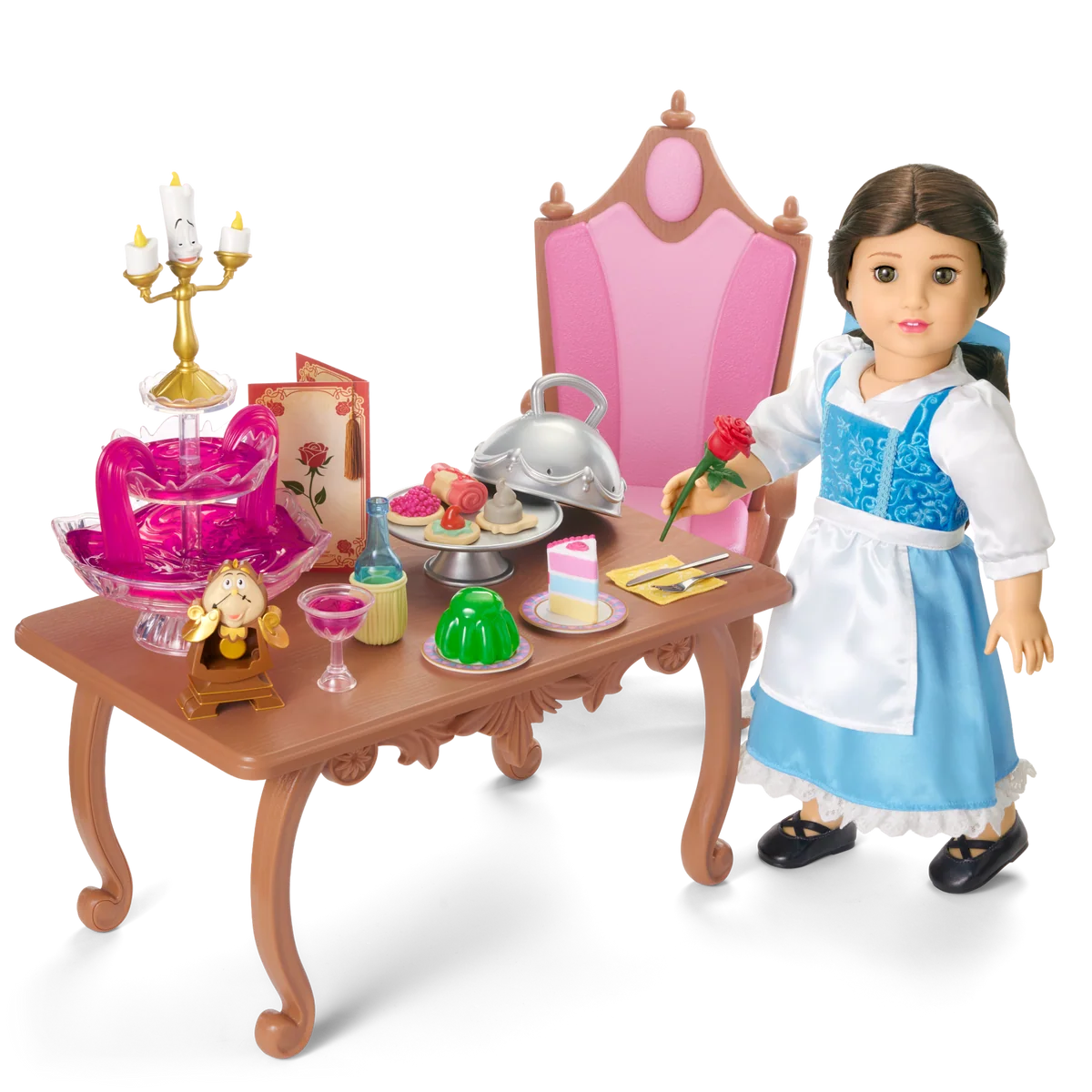 Disney Princess Belle Enchanted Castle Dining Set, Blue Dress & Friends Bundle for 18-inch Dolls