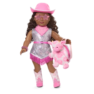 Glam Pink Cowgirl Outfit & Pink Spotted Cow Backpack & Accessory Set  Bundle