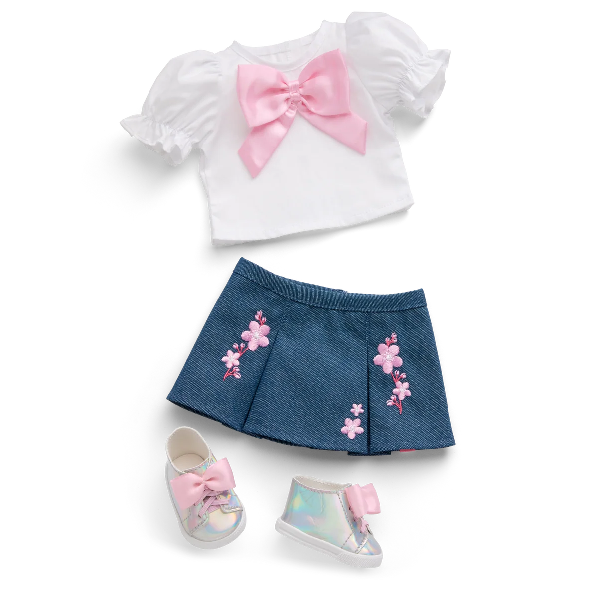 AG™ x Harlem’s Fashion Row Cherry Blossom Couture Bow Shirt & Jean Skirt for 18-inch Dolls